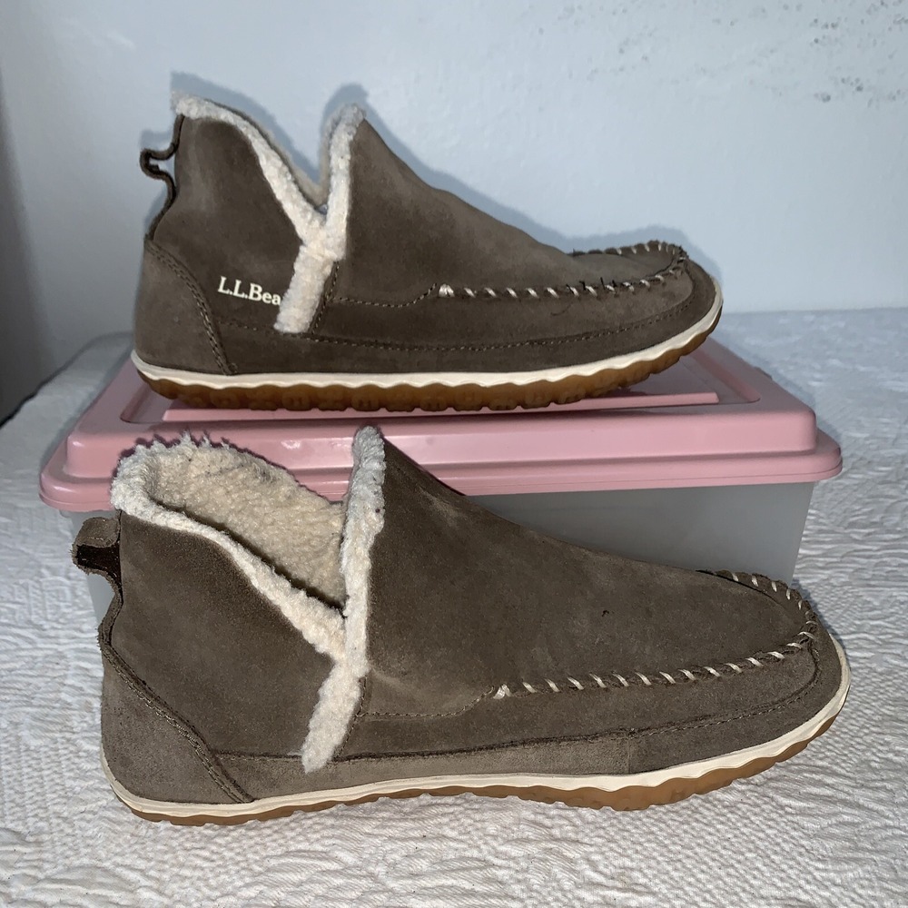 LL Bean Mountain Slippers Boot Mocs Beige Suede Leather 510523 Woman's Size 7